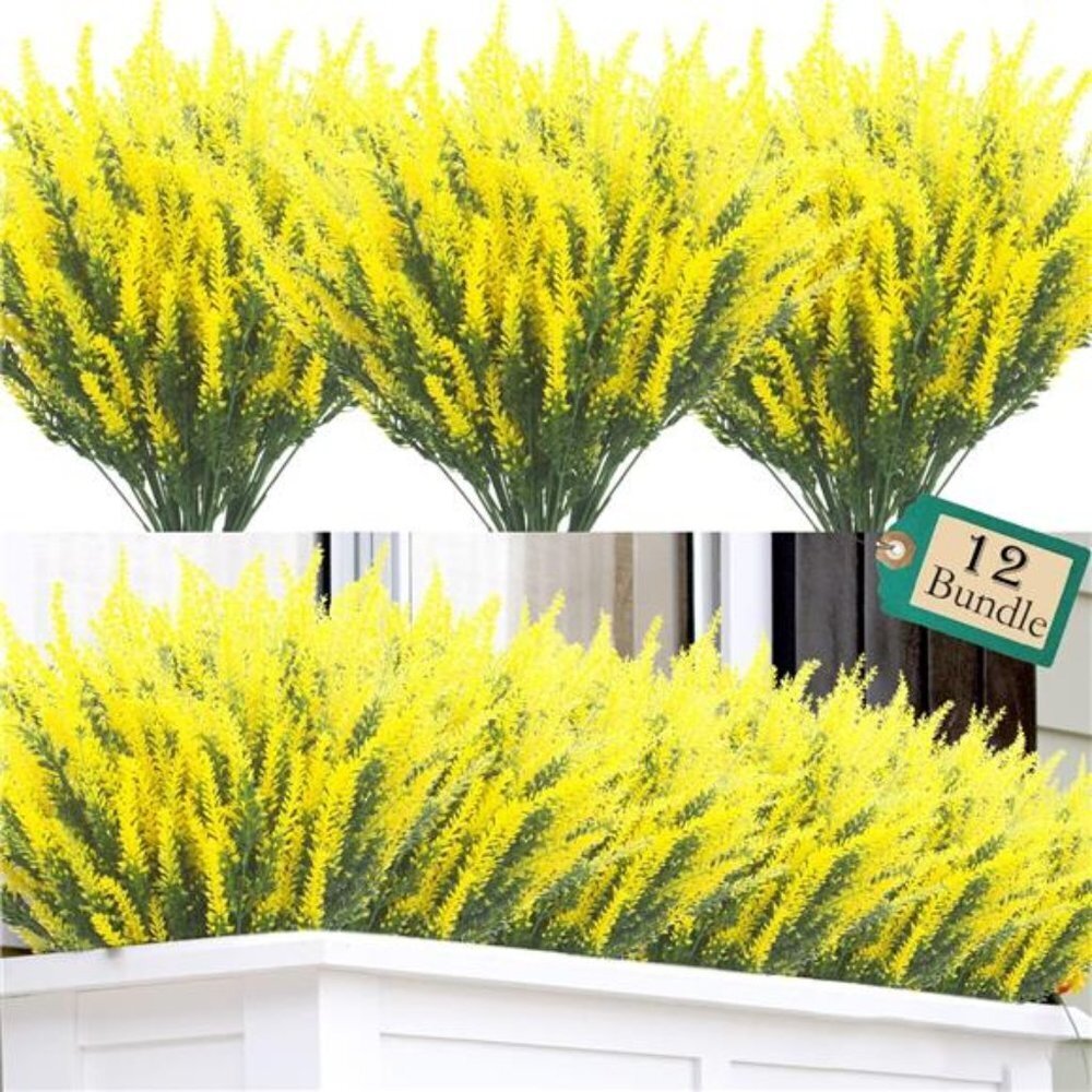 12 Bundles Artificial Lavender Flowers Outdoor UV Resistant Fake Flowers(Yellow)